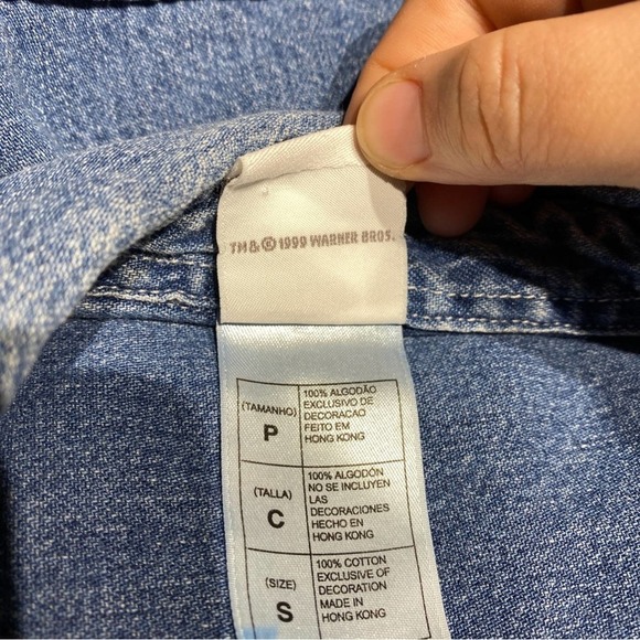 Warner bros looney tunes tweety bird denim y2k pocket button down shirt small - Picture 11 of 11